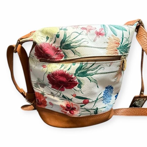 VALENTINA Women’s Multicolor Floral Leather Bucket Bag Tan Trim - Picture 2 of 7